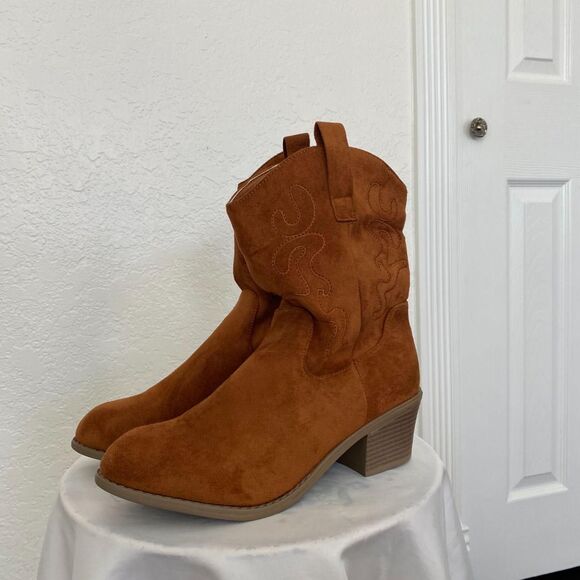 NEW Brown Tan Faux Suede Boho Western Stitched Cowgirl Mid Calf Boots US 10.5 - Picture 3 of 8